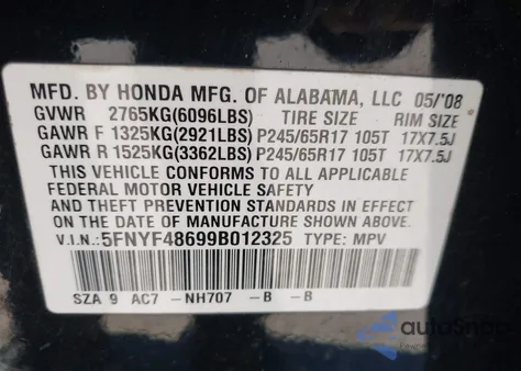 2009 Honda Pilot Ex-L из США, поврежденный, VIN 5FNYF48699B012325